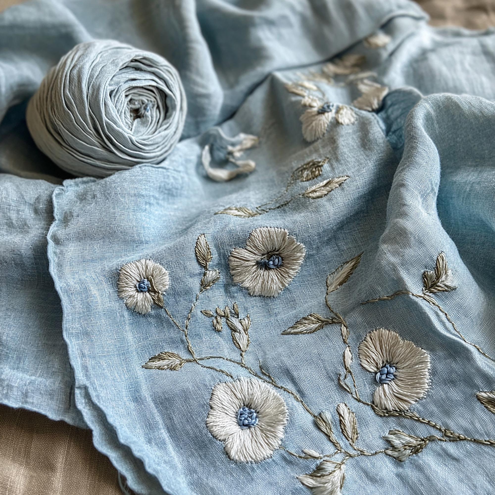 close-up of embroidered floral motif on linen